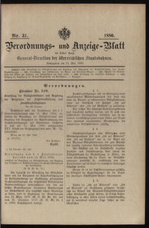 Verordnungs- und Anzeige-Blatt der k.k. General-Direction der österr. Staatsbahnen 18860524 Seite: 1