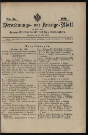 Verordnungs- und Anzeige-Blatt der k.k. General-Direction der österr. Staatsbahnen 18860531 Seite: 1