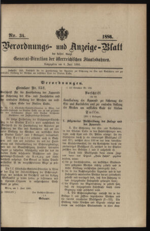 Verordnungs- und Anzeige-Blatt der k.k. General-Direction der österr. Staatsbahnen 18860604 Seite: 1