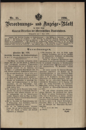 Verordnungs- und Anzeige-Blatt der k.k. General-Direction der österr. Staatsbahnen 18860607 Seite: 1