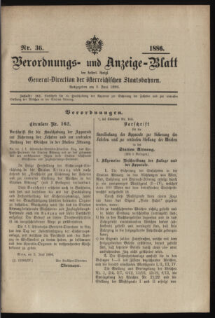 Verordnungs- und Anzeige-Blatt der k.k. General-Direction der österr. Staatsbahnen 18860609 Seite: 1