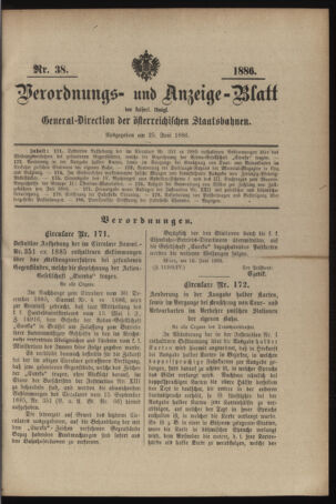 Verordnungs- und Anzeige-Blatt der k.k. General-Direction der österr. Staatsbahnen 18860625 Seite: 1