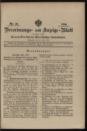 Verordnungs- und Anzeige-Blatt der k.k. General-Direction der österr. Staatsbahnen 18860629 Seite: 1