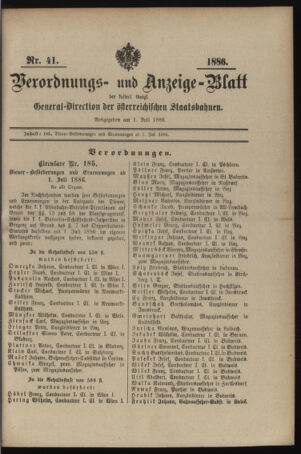 Verordnungs- und Anzeige-Blatt der k.k. General-Direction der österr. Staatsbahnen 18860701 Seite: 1