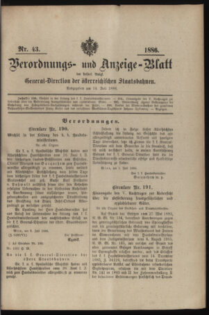 Verordnungs- und Anzeige-Blatt der k.k. General-Direction der österr. Staatsbahnen 18860714 Seite: 1