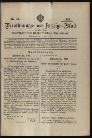 Verordnungs- und Anzeige-Blatt der k.k. General-Direction der österr. Staatsbahnen 18860717 Seite: 1