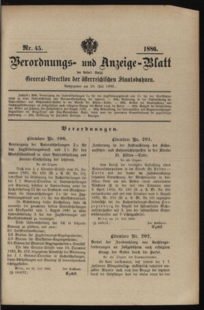 Verordnungs- und Anzeige-Blatt der k.k. General-Direction der österr. Staatsbahnen 18860726 Seite: 1