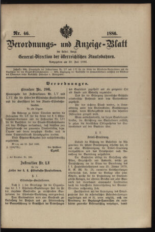 Verordnungs- und Anzeige-Blatt der k.k. General-Direction der österr. Staatsbahnen 18860730 Seite: 1