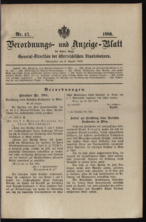 Verordnungs- und Anzeige-Blatt der k.k. General-Direction der österr. Staatsbahnen 18860803 Seite: 1