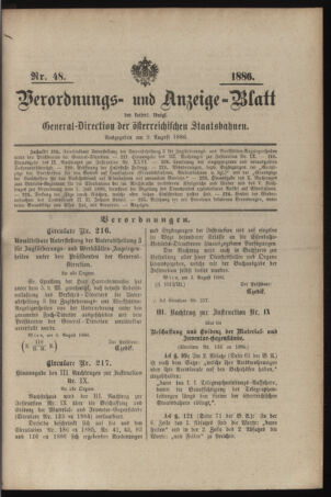 Verordnungs- und Anzeige-Blatt der k.k. General-Direction der österr. Staatsbahnen 18860809 Seite: 1