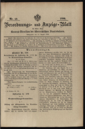 Verordnungs- und Anzeige-Blatt der k.k. General-Direction der österr. Staatsbahnen 18860816 Seite: 1