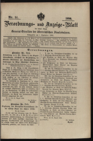 Verordnungs- und Anzeige-Blatt der k.k. General-Direction der österr. Staatsbahnen 18860901 Seite: 1