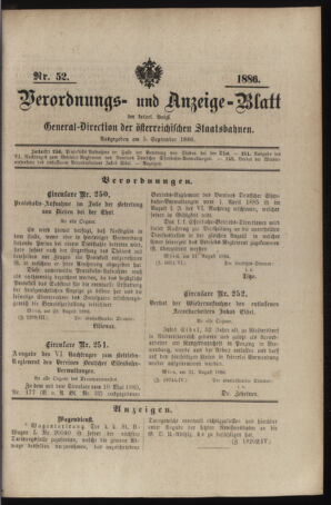 Verordnungs- und Anzeige-Blatt der k.k. General-Direction der österr. Staatsbahnen 18860905 Seite: 1