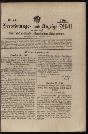 Verordnungs- und Anzeige-Blatt der k.k. General-Direction der österr. Staatsbahnen 18860911 Seite: 1