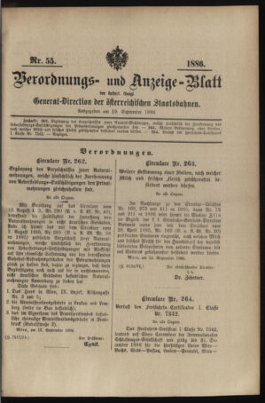 Verordnungs- und Anzeige-Blatt der k.k. General-Direction der österr. Staatsbahnen 18860919 Seite: 1