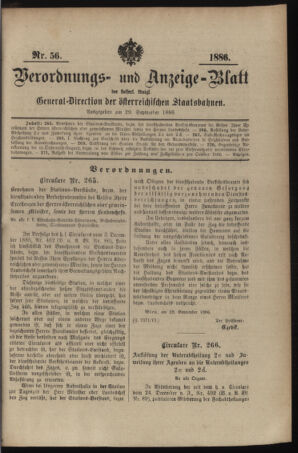 Verordnungs- und Anzeige-Blatt der k.k. General-Direction der österr. Staatsbahnen 18860929 Seite: 1