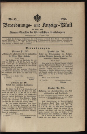 Verordnungs- und Anzeige-Blatt der k.k. General-Direction der österr. Staatsbahnen 18861011 Seite: 1