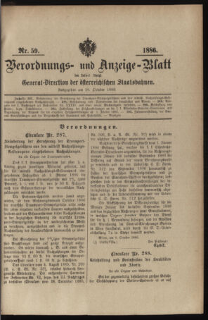 Verordnungs- und Anzeige-Blatt der k.k. General-Direction der österr. Staatsbahnen 18861016 Seite: 1