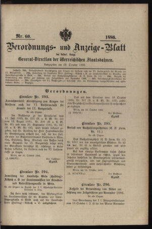 Verordnungs- und Anzeige-Blatt der k.k. General-Direction der österr. Staatsbahnen 18861022 Seite: 1