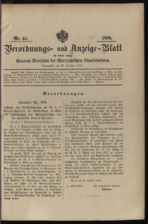 Verordnungs- und Anzeige-Blatt der k.k. General-Direction der österr. Staatsbahnen 18861030 Seite: 1