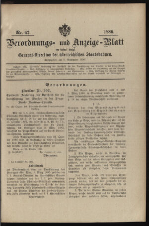 Verordnungs- und Anzeige-Blatt der k.k. General-Direction der österr. Staatsbahnen 18861109 Seite: 1