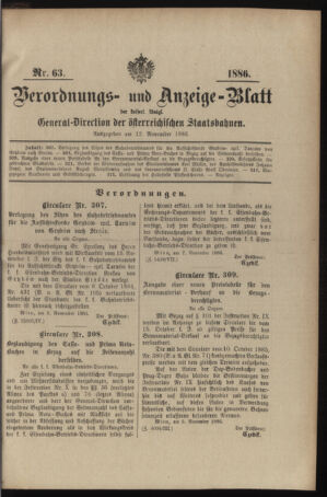 Verordnungs- und Anzeige-Blatt der k.k. General-Direction der österr. Staatsbahnen 18861112 Seite: 1