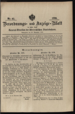 Verordnungs- und Anzeige-Blatt der k.k. General-Direction der österr. Staatsbahnen 18861126 Seite: 1