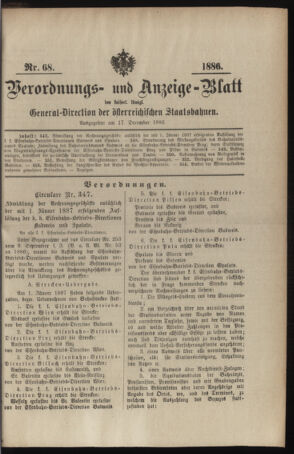 Verordnungs- und Anzeige-Blatt der k.k. General-Direction der österr. Staatsbahnen 18861217 Seite: 1