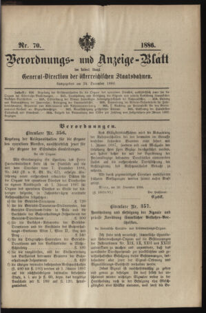 Verordnungs- und Anzeige-Blatt der k.k. General-Direction der österr. Staatsbahnen 18861224 Seite: 1