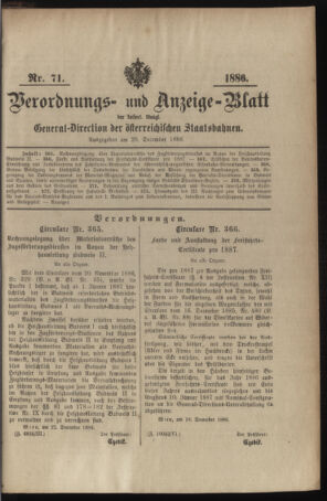 Verordnungs- und Anzeige-Blatt der k.k. General-Direction der österr. Staatsbahnen 18861229 Seite: 1