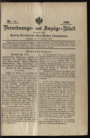 Verordnungs- und Anzeige-Blatt der k.k. General-Direction der österr. Staatsbahnen 18861230 Seite: 1