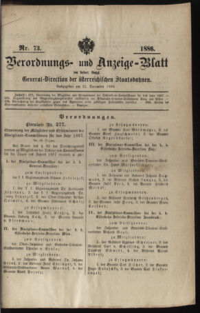 Verordnungs- und Anzeige-Blatt der k.k. General-Direction der österr. Staatsbahnen 18861231 Seite: 1