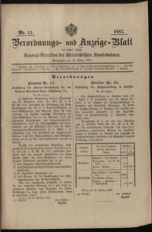 Verordnungs- und Anzeige-Blatt der k.k. General-Direction der österr. Staatsbahnen 18870314 Seite: 1