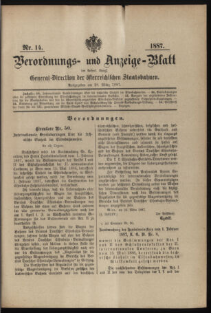 Verordnungs- und Anzeige-Blatt der k.k. General-Direction der österr. Staatsbahnen 18870328 Seite: 1