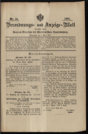 Verordnungs- und Anzeige-Blatt der k.k. General-Direction der österr. Staatsbahnen 18870408 Seite: 1