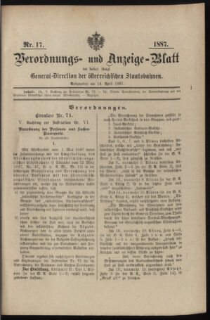 Verordnungs- und Anzeige-Blatt der k.k. General-Direction der österr. Staatsbahnen 18870414 Seite: 1