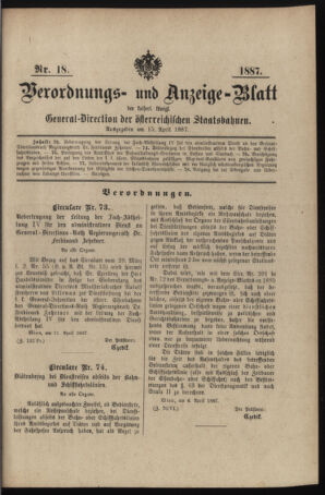 Verordnungs- und Anzeige-Blatt der k.k. General-Direction der österr. Staatsbahnen 18870415 Seite: 1