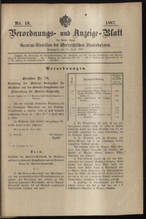 Verordnungs- und Anzeige-Blatt der k.k. General-Direction der österr. Staatsbahnen 18870421 Seite: 1