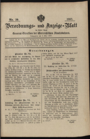 Verordnungs- und Anzeige-Blatt der k.k. General-Direction der österr. Staatsbahnen 18870503 Seite: 1