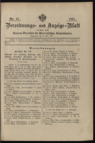 Verordnungs- und Anzeige-Blatt der k.k. General-Direction der österr. Staatsbahnen 18870510 Seite: 1