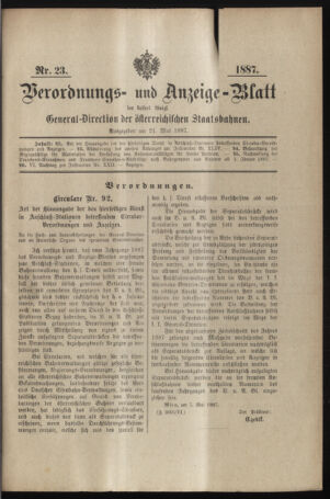 Verordnungs- und Anzeige-Blatt der k.k. General-Direction der österr. Staatsbahnen 18870521 Seite: 1