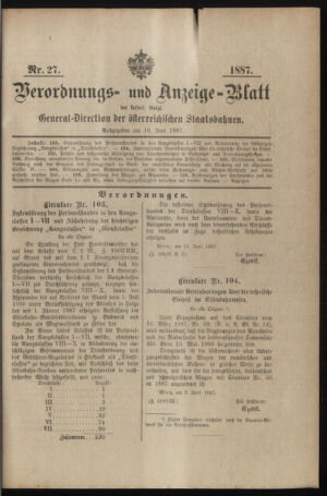 Verordnungs- und Anzeige-Blatt der k.k. General-Direction der österr. Staatsbahnen 18870619 Seite: 1