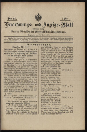 Verordnungs- und Anzeige-Blatt der k.k. General-Direction der österr. Staatsbahnen 18870624 Seite: 1