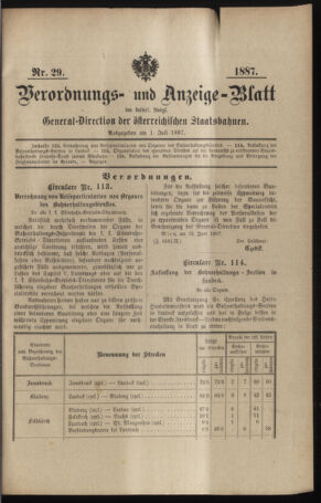 Verordnungs- und Anzeige-Blatt der k.k. General-Direction der österr. Staatsbahnen 18870701 Seite: 1