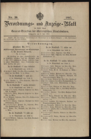 Verordnungs- und Anzeige-Blatt der k.k. General-Direction der österr. Staatsbahnen 18870703 Seite: 1