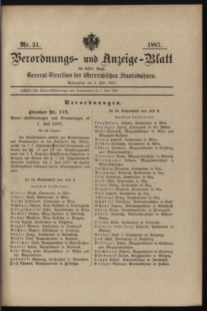 Verordnungs- und Anzeige-Blatt der k.k. General-Direction der österr. Staatsbahnen 18870705 Seite: 1