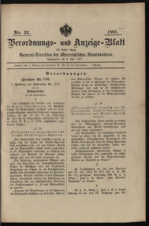 Verordnungs- und Anzeige-Blatt der k.k. General-Direction der österr. Staatsbahnen 18870709 Seite: 1