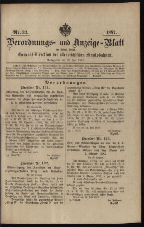 Verordnungs- und Anzeige-Blatt der k.k. General-Direction der österr. Staatsbahnen 18870722 Seite: 1