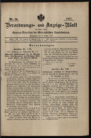 Verordnungs- und Anzeige-Blatt der k.k. General-Direction der österr. Staatsbahnen 18870805 Seite: 1