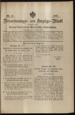 Verordnungs- und Anzeige-Blatt der k.k. General-Direction der österr. Staatsbahnen 18870816 Seite: 1